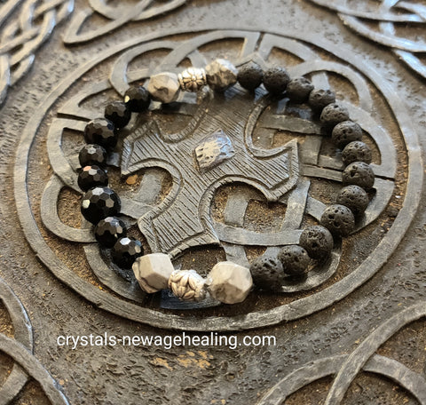 Bracelet- Lava stone, Black Tourmaline & Grey Jasper
