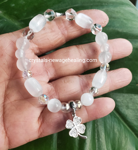 Bracelet - Selenite * 4 Leaf Clover Lucky charm