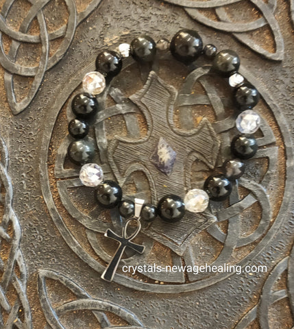 Bracelet- Obsidian & Labradorite w Ankh