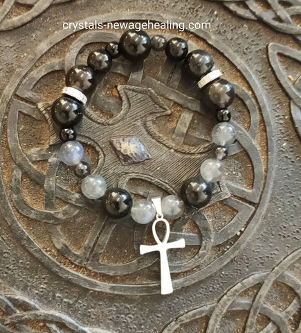 Bracelet- Labradorite & Obsidian Ankh Charm