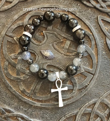 Bracelet- Labradorite & Obsidian Ankh Charm