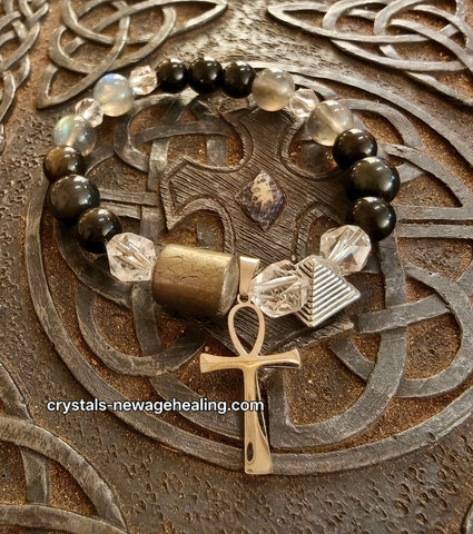 Bracelet- Labradorite & Obsidian Ankh Charm